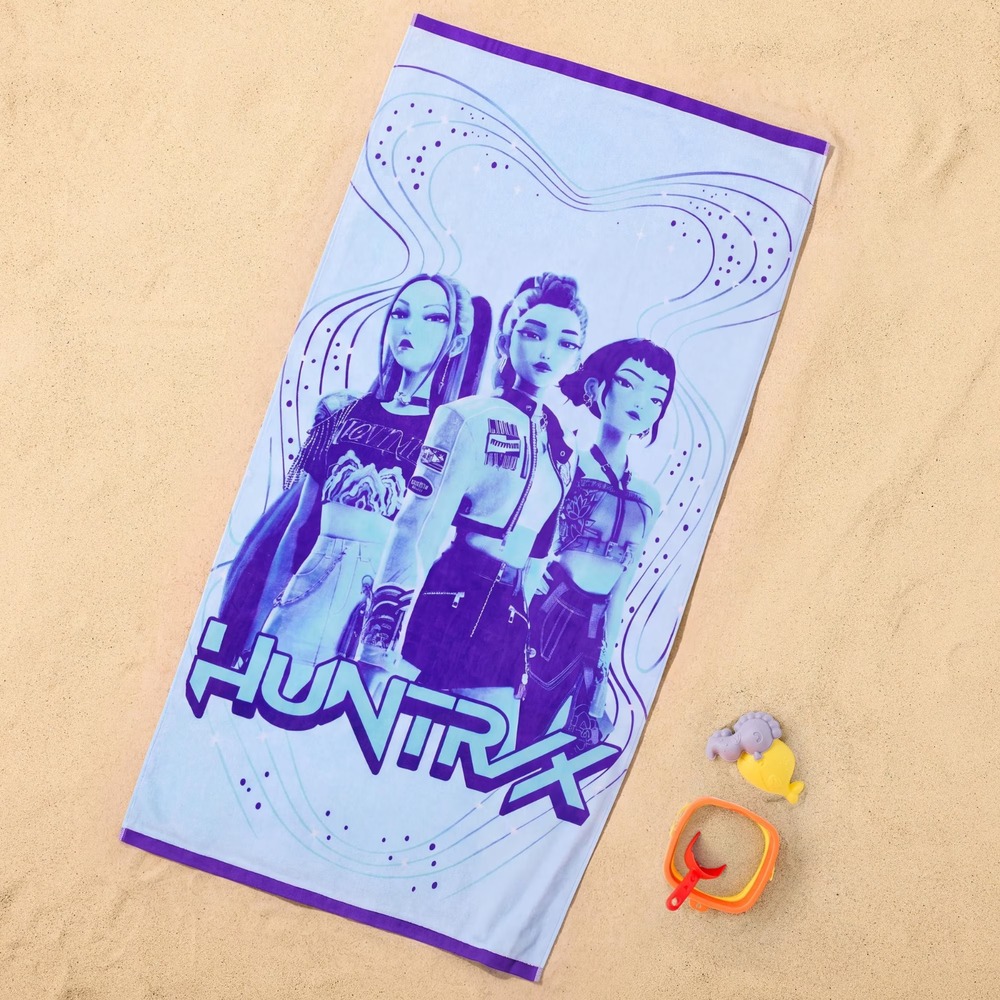 KPOP Kids Beach Towel 34" x 64" Stars of Huntrix Netflix Purple Blue 100% Cotton